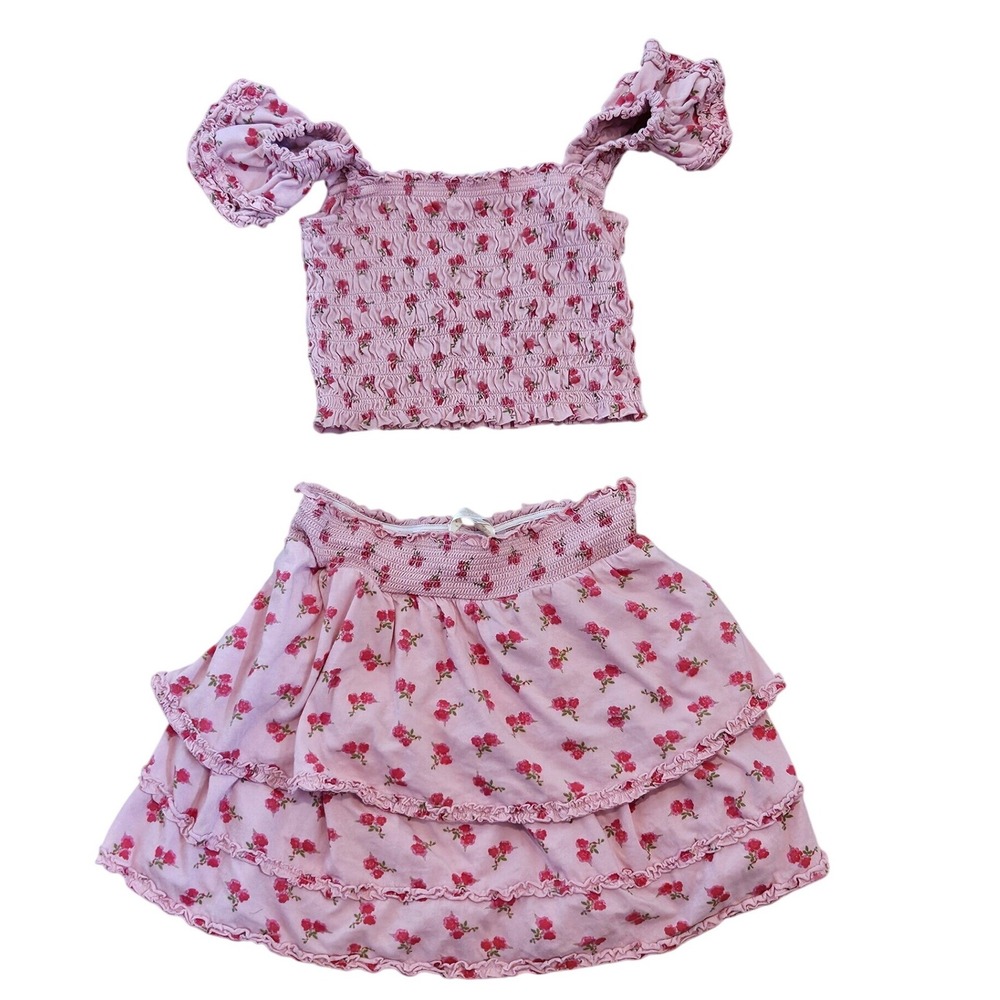LoveShackFancy Girls Pink Floral Smocked Crop Top & Tiered Ruffle Skirt Set 10Y
